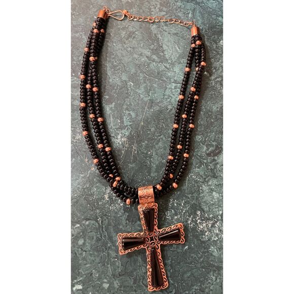 Jay King Black Onyx & Copper Cross Statement Necklace New in Box - Picture 3 of 9